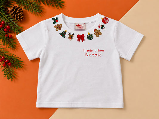 T-shirt o Body con Girocollo Ricamato Natalizio